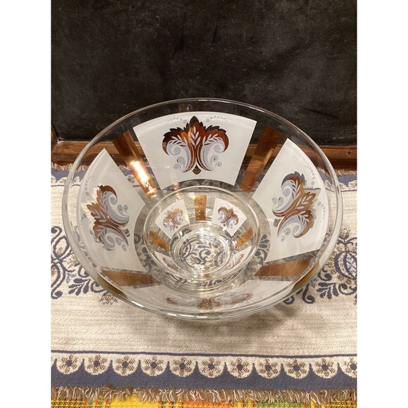 LIBBEY Gold Leaf Frosted Glass Chip And Dip Vintage Entertainment Bowl Set - Picture 8 of 11